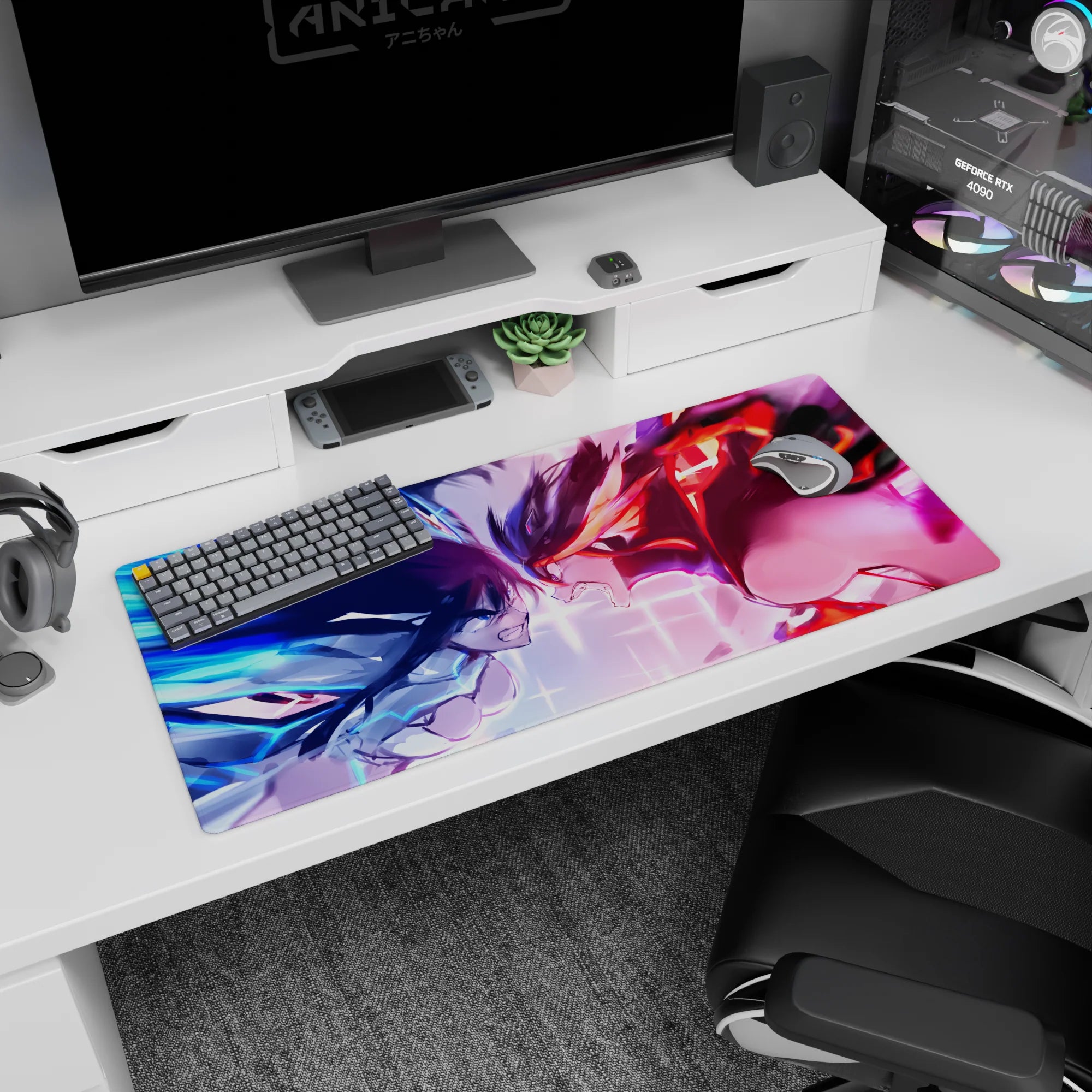Two fierce anime girls clash eye-to-eye on desk pad with grid lights, 36x16 inches.