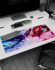 Two fierce anime girls clash eye-to-eye on desk pad with grid lights, 36x16 inches.