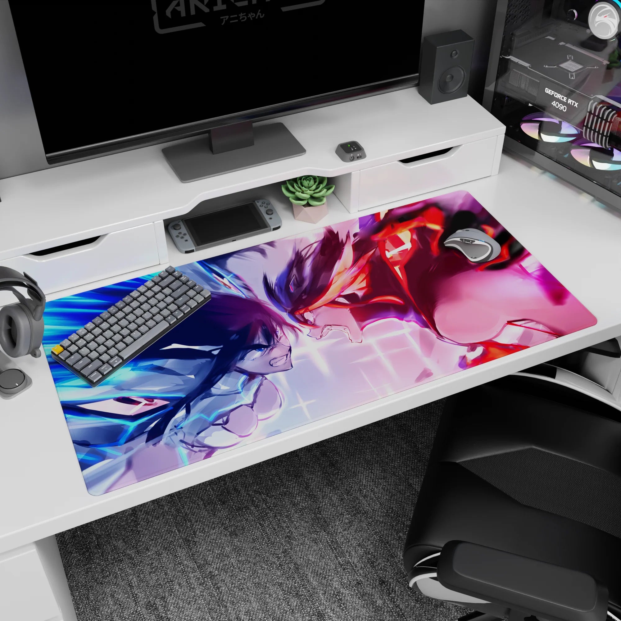 40x20 inches anime girl desk pad showing two fierce rivals locked eyes, hair whipping, armor and suit.