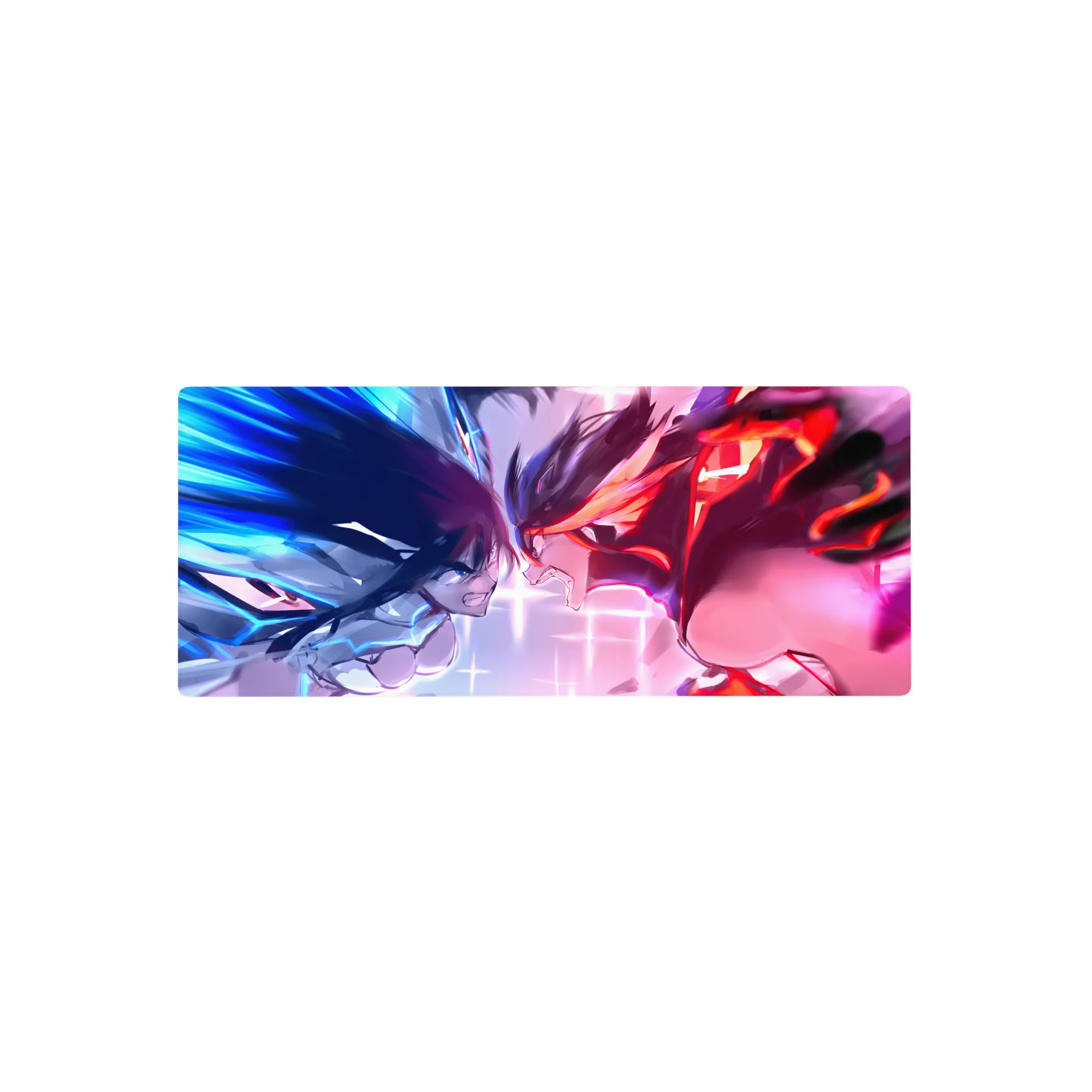 28x12 inches anime girl mouse pad with two fighters facing off in a neon grid background, dynamic hair and armor.