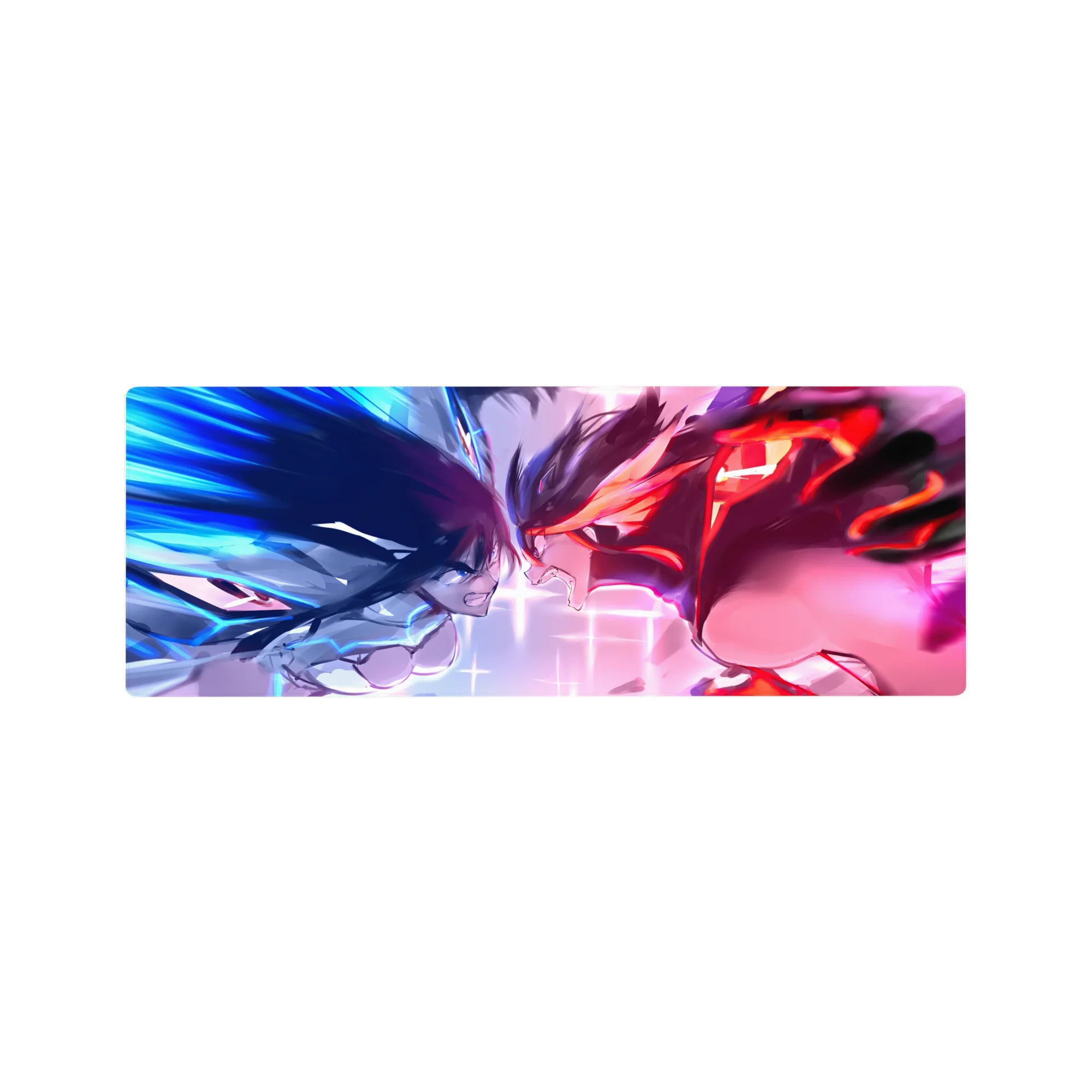 Anime girl mouse pad 32x12 inches with two fighters in neon standoff, glossy armor and gridlight backdrop.