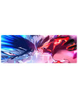 Anime girl mouse pad 32x12 inches with two fighters in neon standoff, glossy armor and gridlight backdrop.