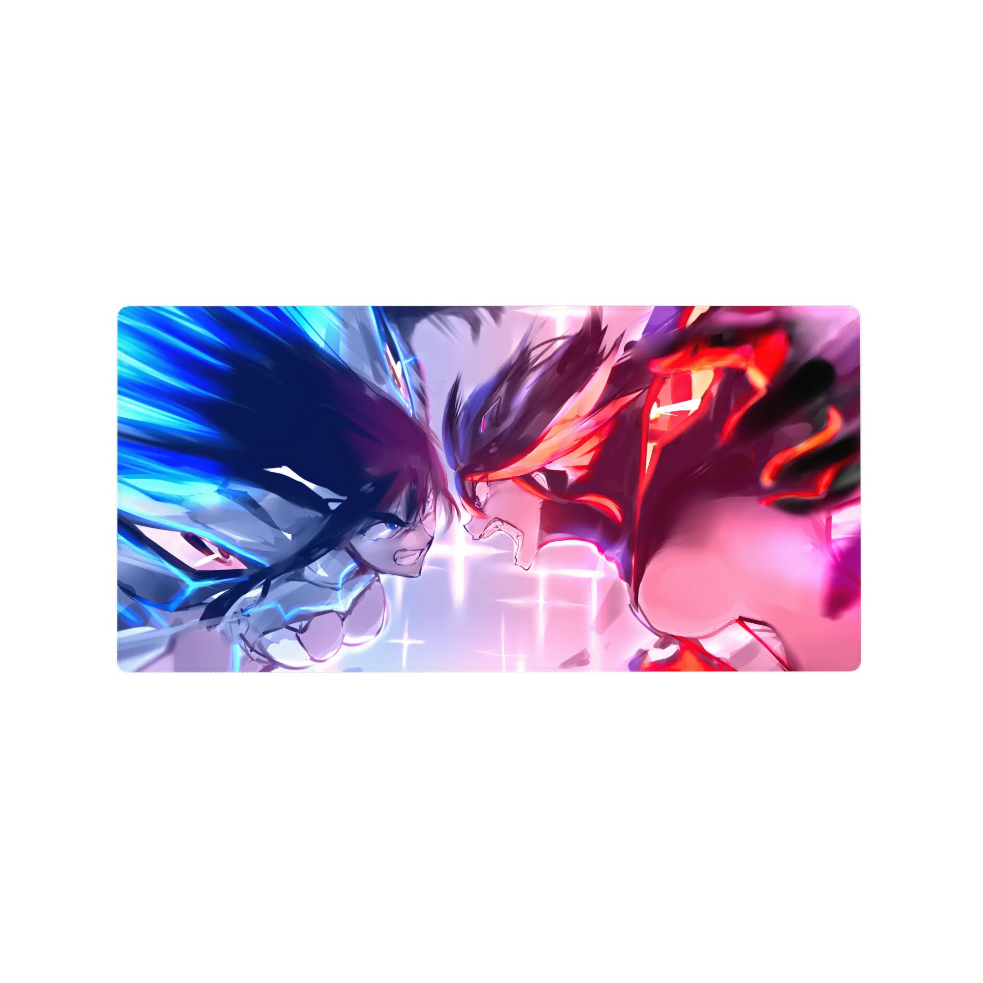 32x16 inches anime girl mouse pad with two fierce fighters in a neon standoff, hair whipping, grid lights.