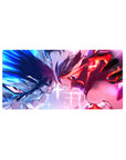 32x16 inches anime girl mouse pad with two fierce fighters in a neon standoff, hair whipping, grid lights.