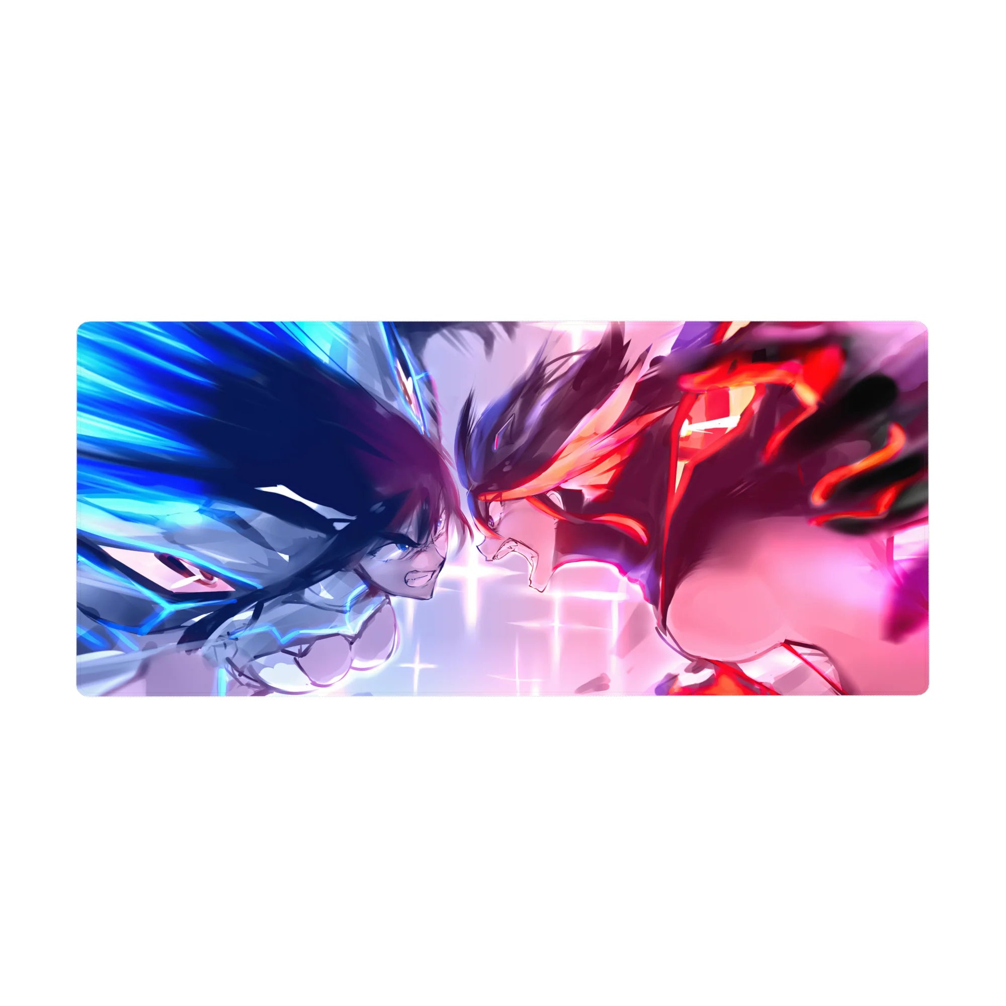 Neon standoff anime girl desk pad mouse pad, two fighters facing off, 36x16 inches.