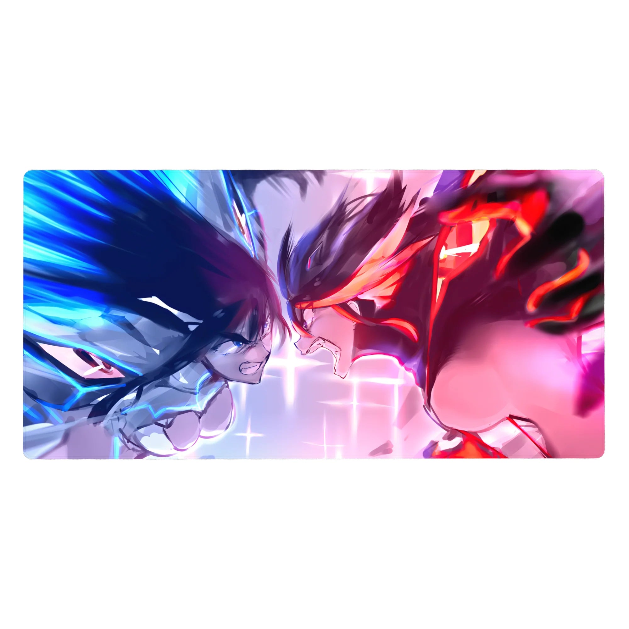Anime girl desk pad 40x20 inches with two fighters in a neon standoff and sparkling grid backdrop.
