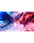 Anime girl desk pad 40x20 inches with two fighters in a neon standoff and sparkling grid backdrop.