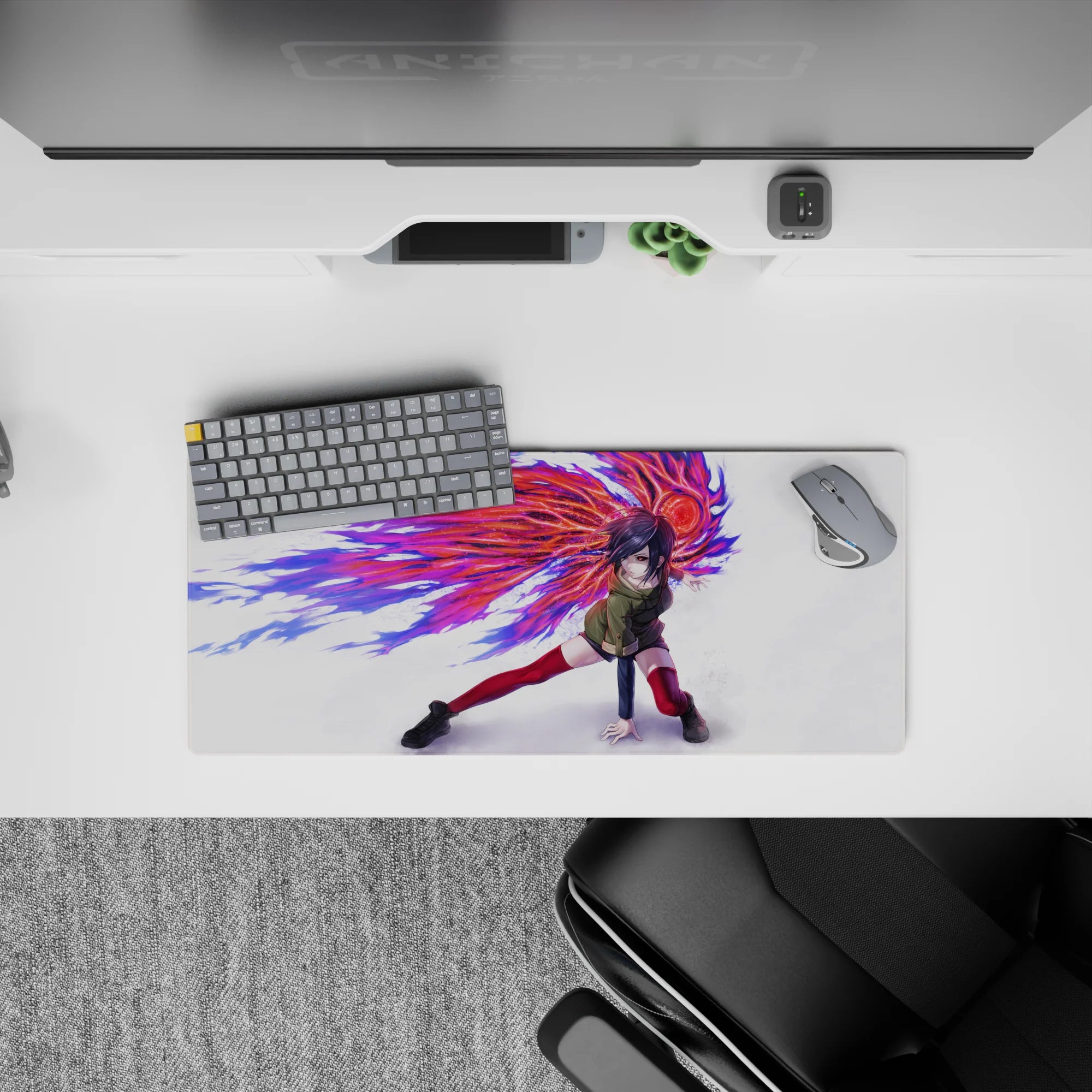 Anime mouse pad 28x12 inches featuring Touka Kirishima from Tokyo Ghoul with her kagune, vibrant reds and purples.