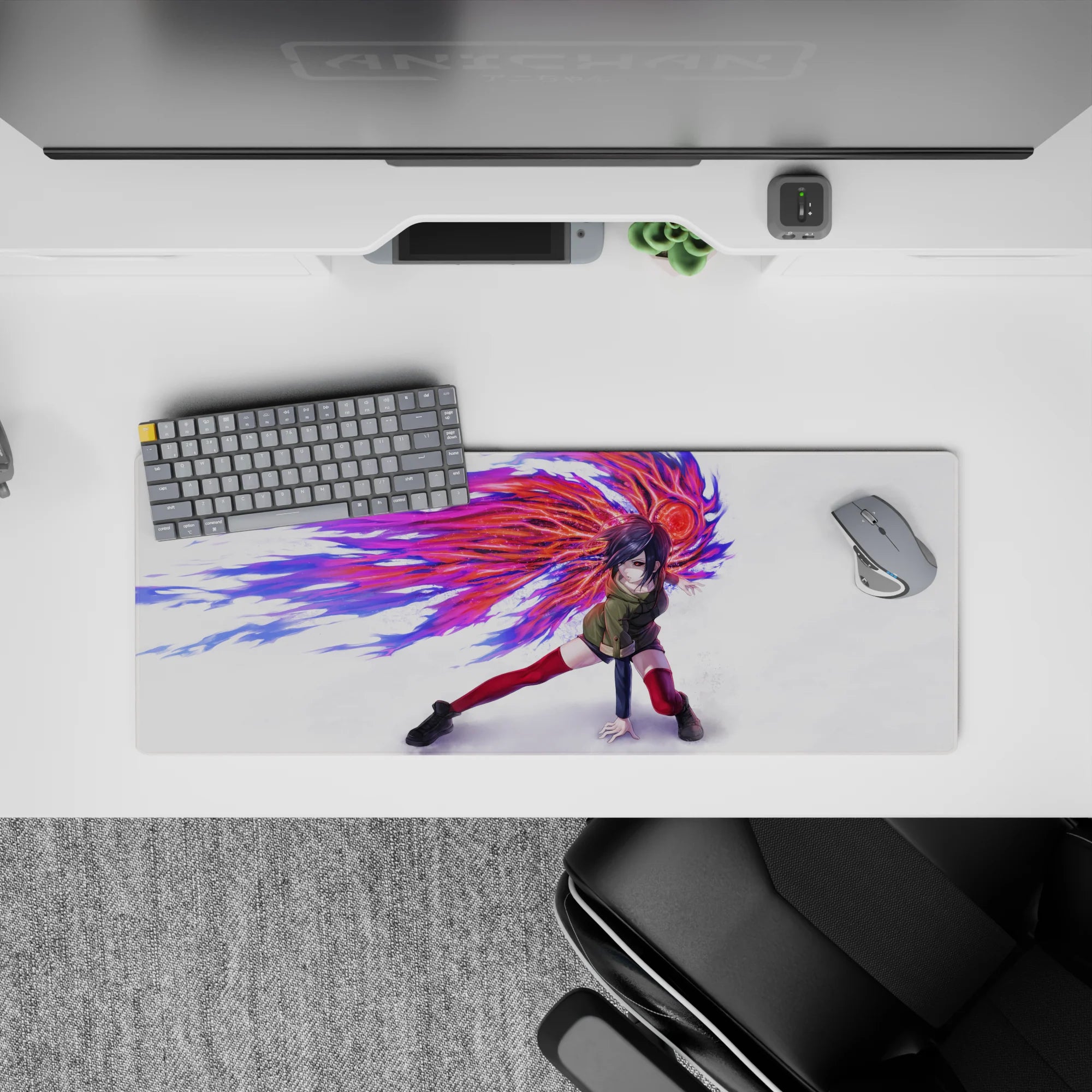 Anime mouse pad 32x12 inches featuring Touka Kirishima from Tokyo Ghoul, mid-strike with her kagune and vivid colors.