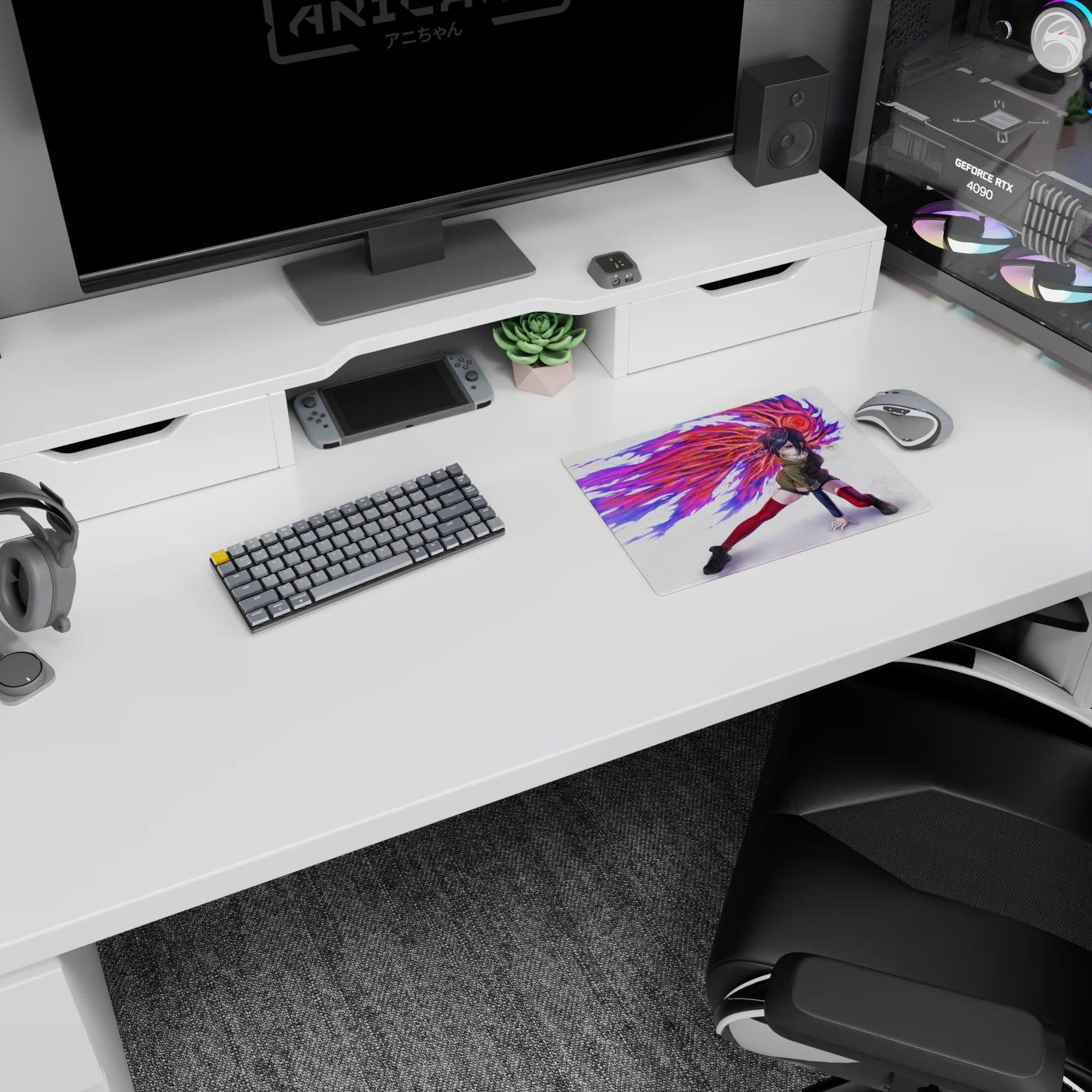 Anime mouse pad 14x10 inches featuring Touka Kirishima from Tokyo Ghoul, mid-strike with radiant kagune wings.