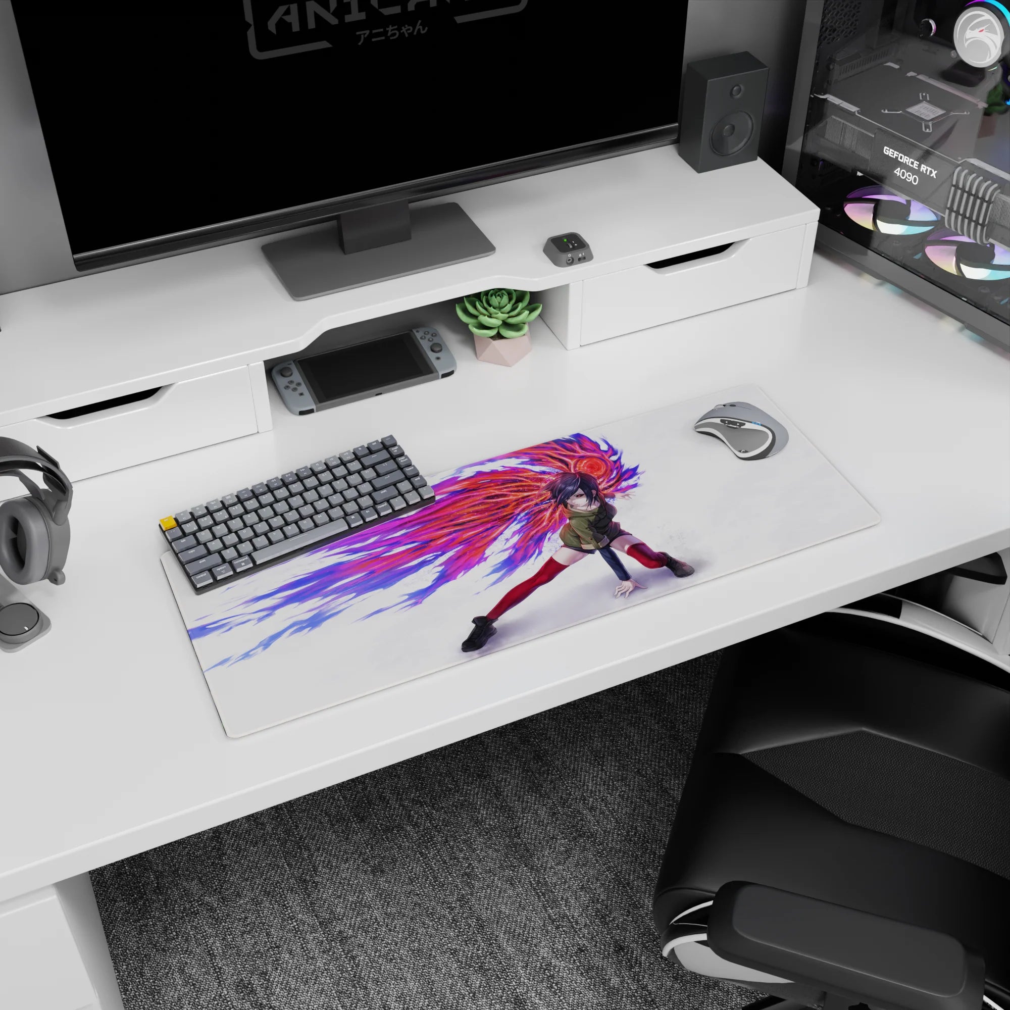 Anime mouse pad 32x12 inches featuring Touka Kirishima from Tokyo Ghoul with vibrant kagune and dynamic color burst.