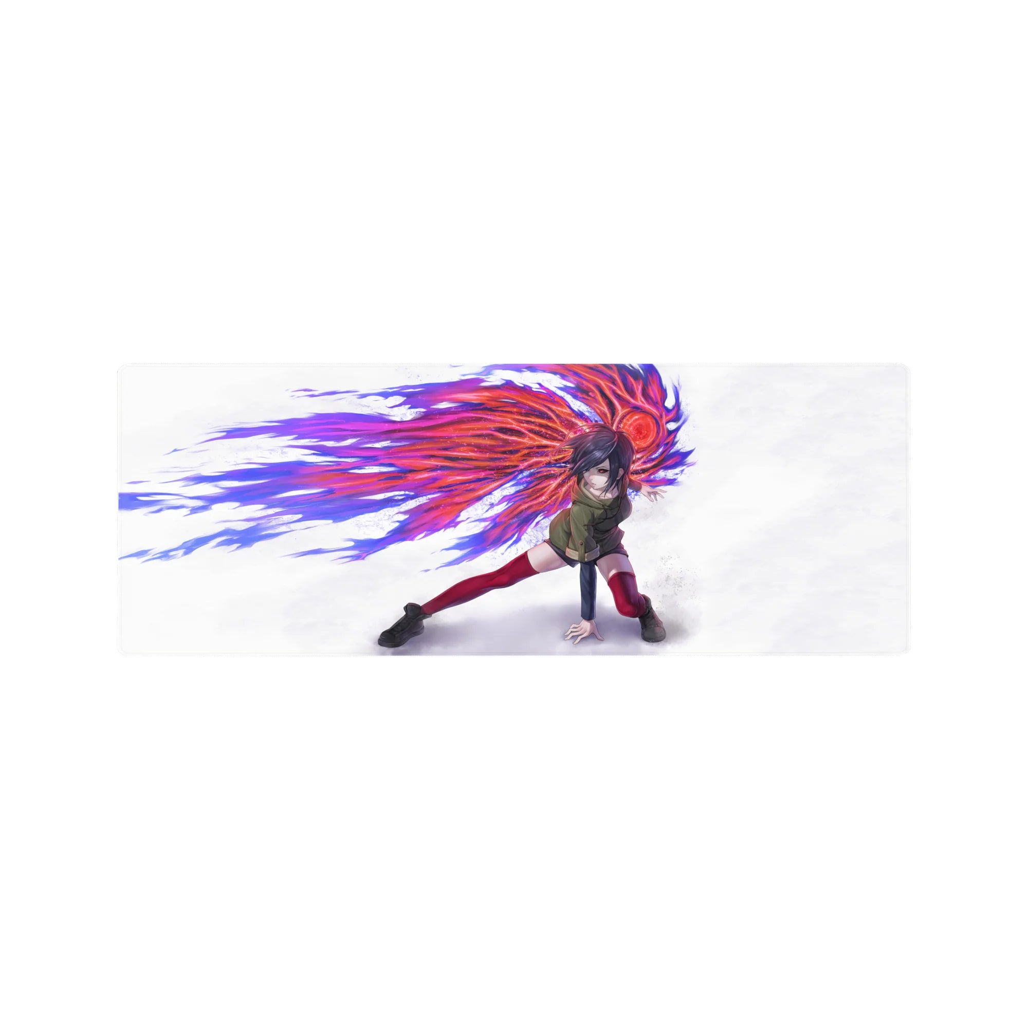Anime mouse pad 32x12 inches featuring Touka Kirishima from Tokyo Ghoul with radiant kagune and vibrant colors.