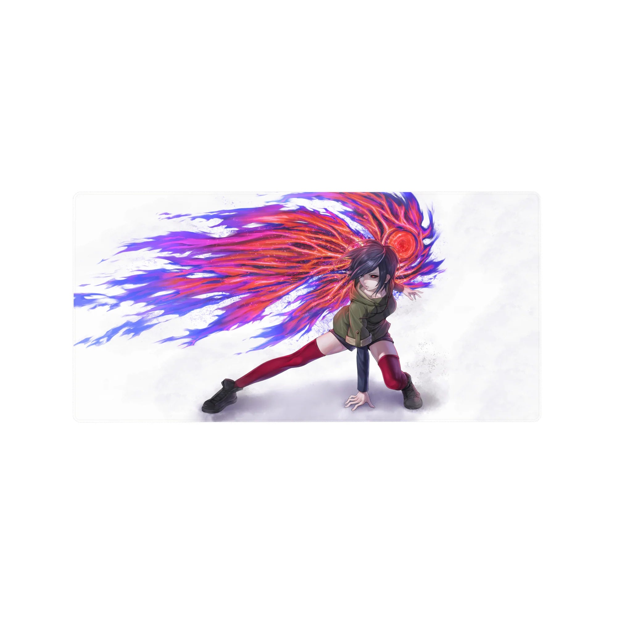 Anime mouse pad 32x16 inches featuring Touka Kirishima from Tokyo Ghoul, showcasing her radiant kagune in mid-strike.