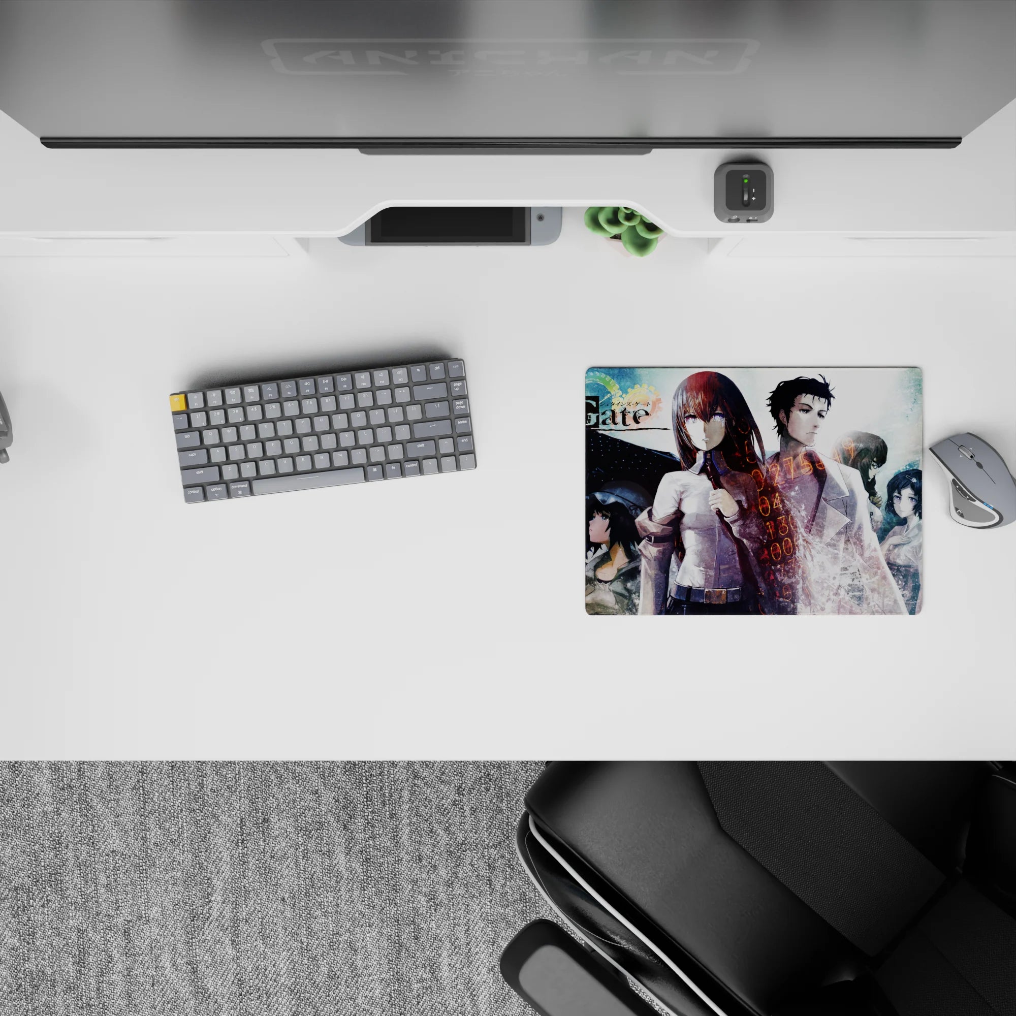 Teal haze and soft rain classic anime mouse pad 14x10 inches, crisp white shirt and red tie, time digits.