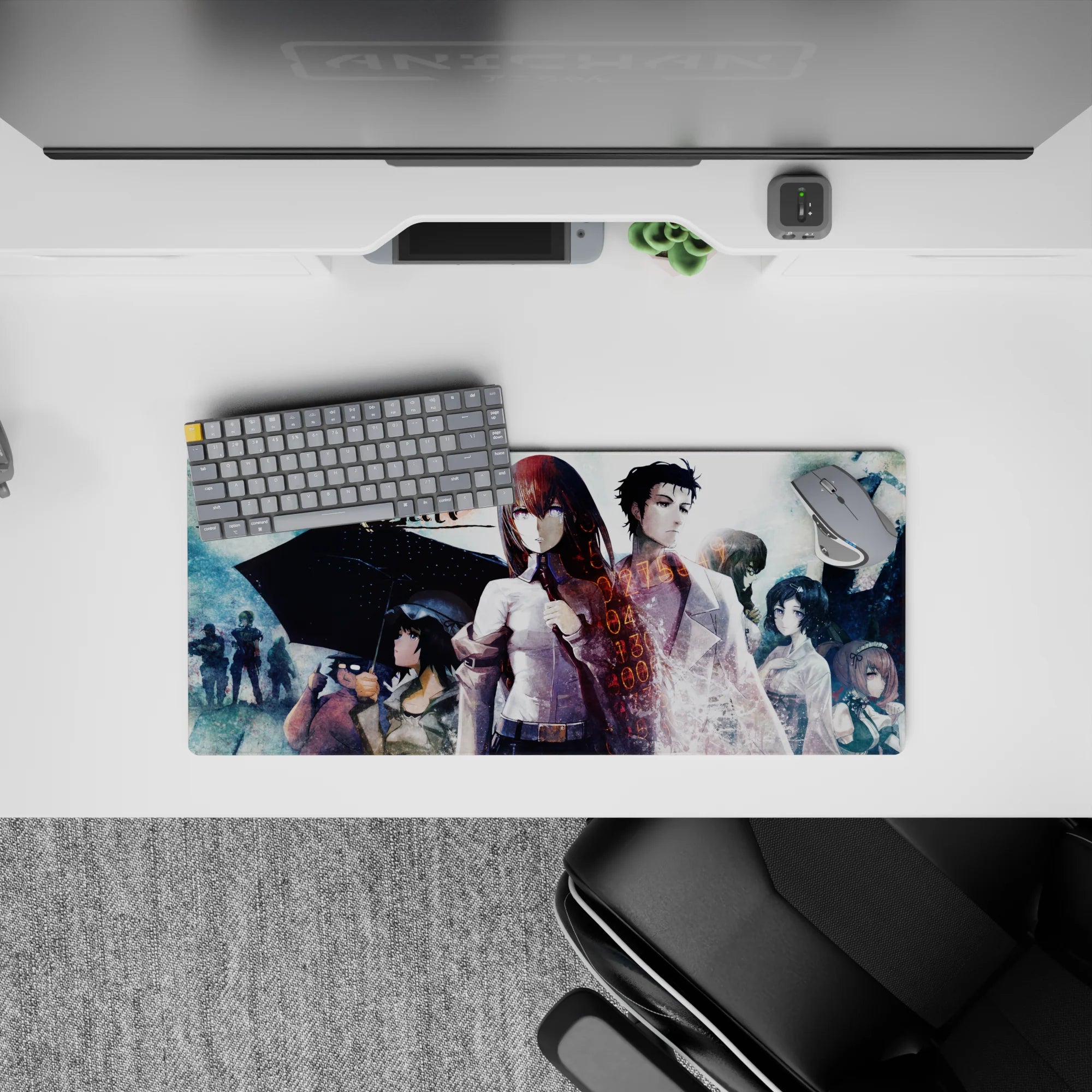 Teal haze and rainy tones anime mouse pad 28x12 inches with bold print and time-like numbers.