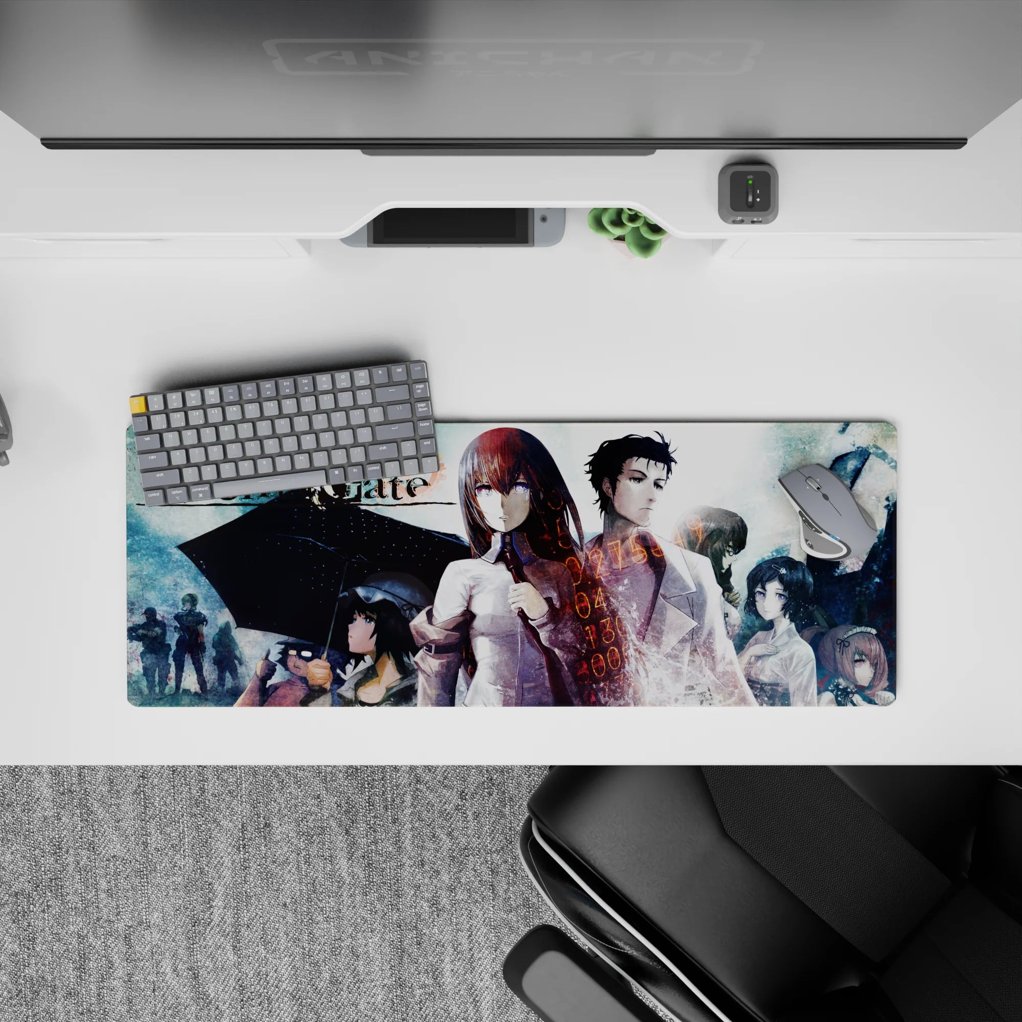 Teal haze and soft rain tones anime mouse pad 32x12 inches, crisp white shirt, red tie, time digits.