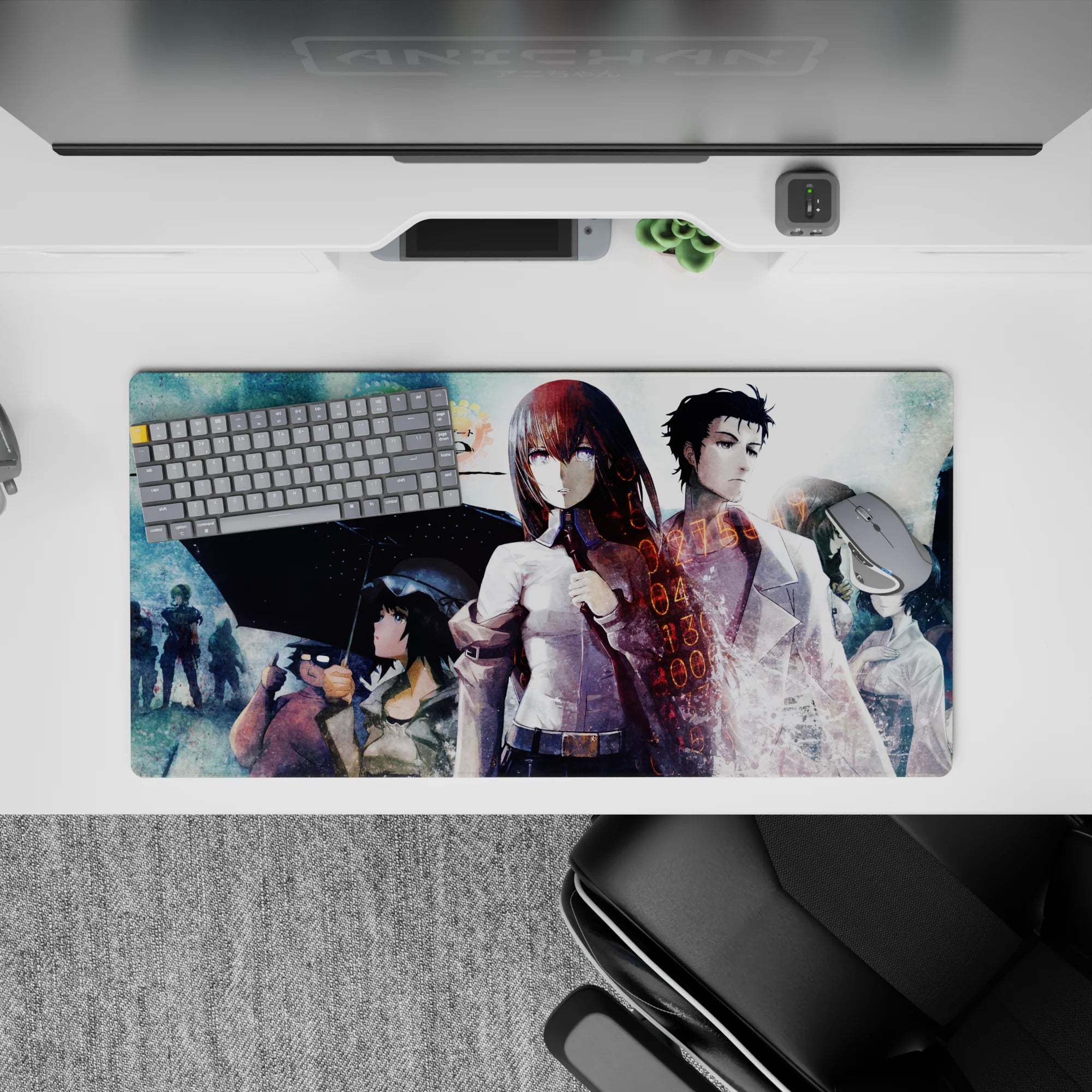 Anime mouse pad 32x16 inches in teal haze and soft rain tones with crisp white shirt, red tie, time digits.
