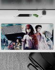 Anime mouse pad 32x16 inches in teal haze and soft rain tones with crisp white shirt, red tie, time digits.