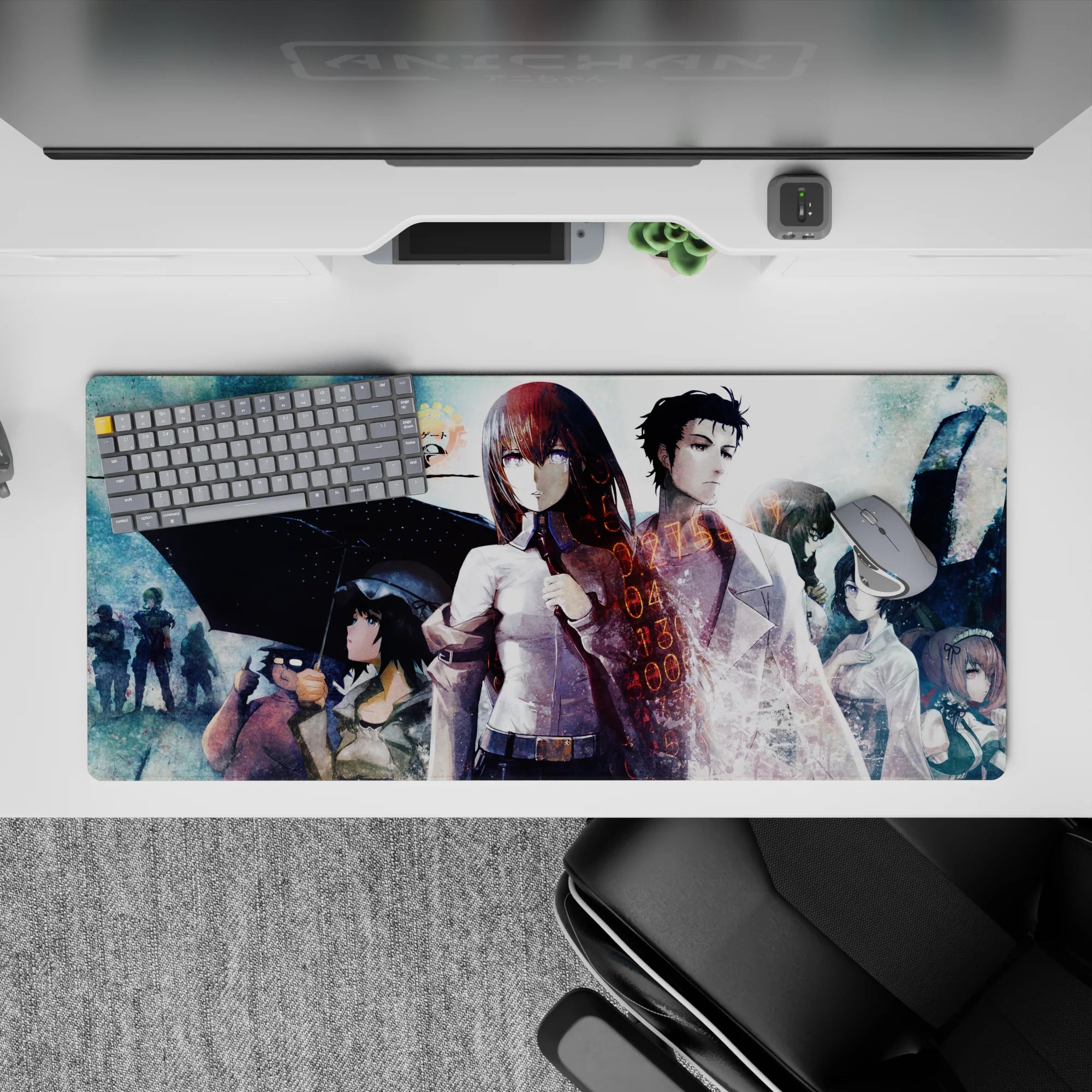 Teal haze and soft rain tones anime desk pad 36x16 inches, crisp white shirt, red tie, time numbers.