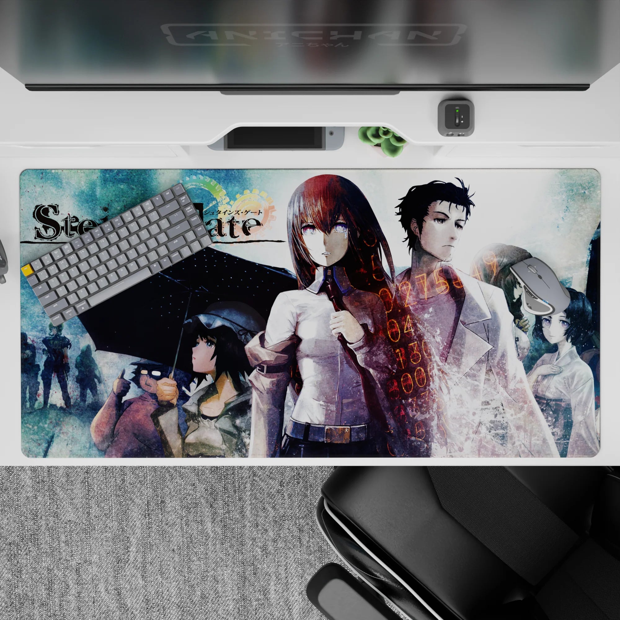 Teal rain haze anime desk pad 40x20 inches with soft silhouettes, umbrellas, and neon time-code glow.