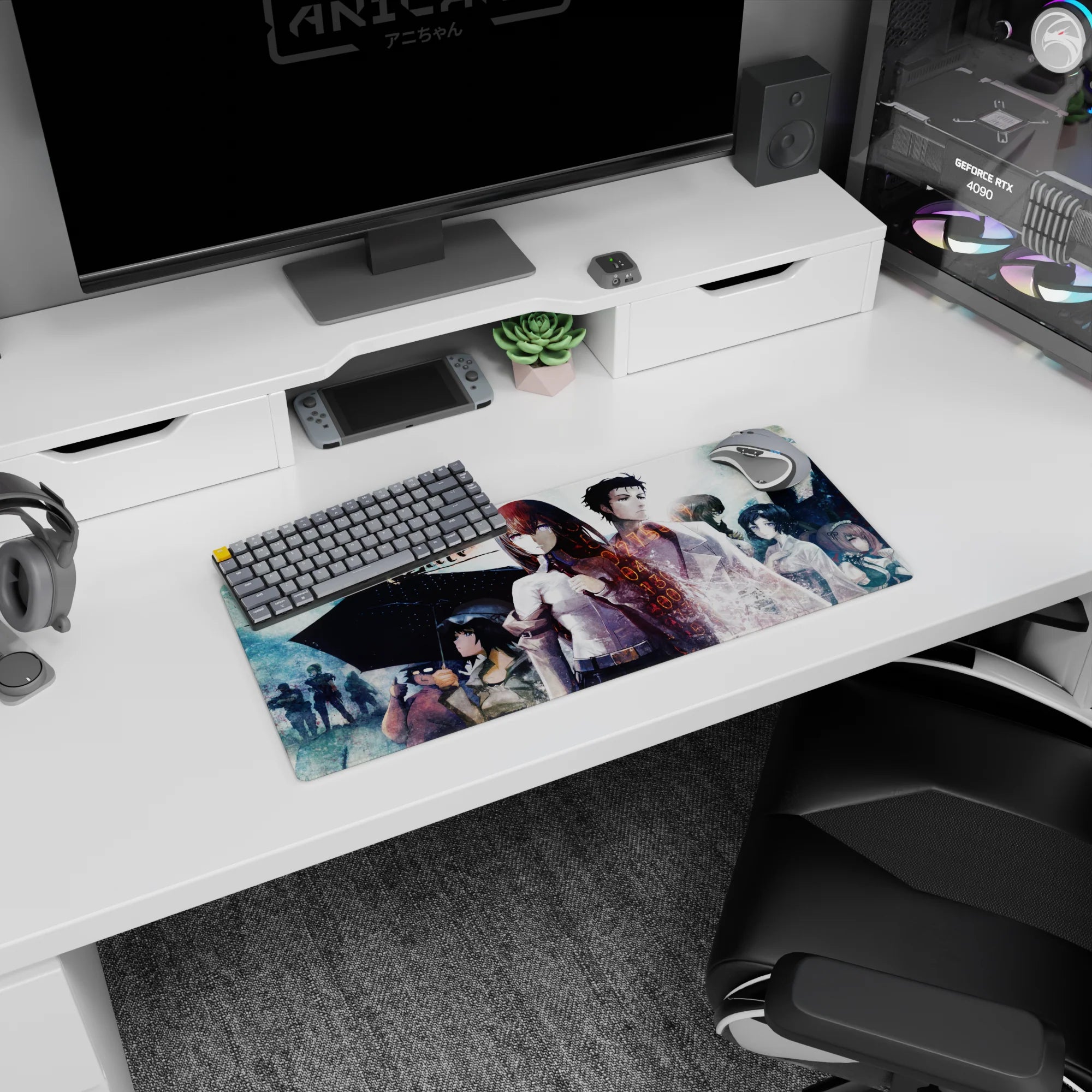 Kurisu Makise with Okabe in lab coat anime mouse pad 28x12 inches, white shirt red tie scene.