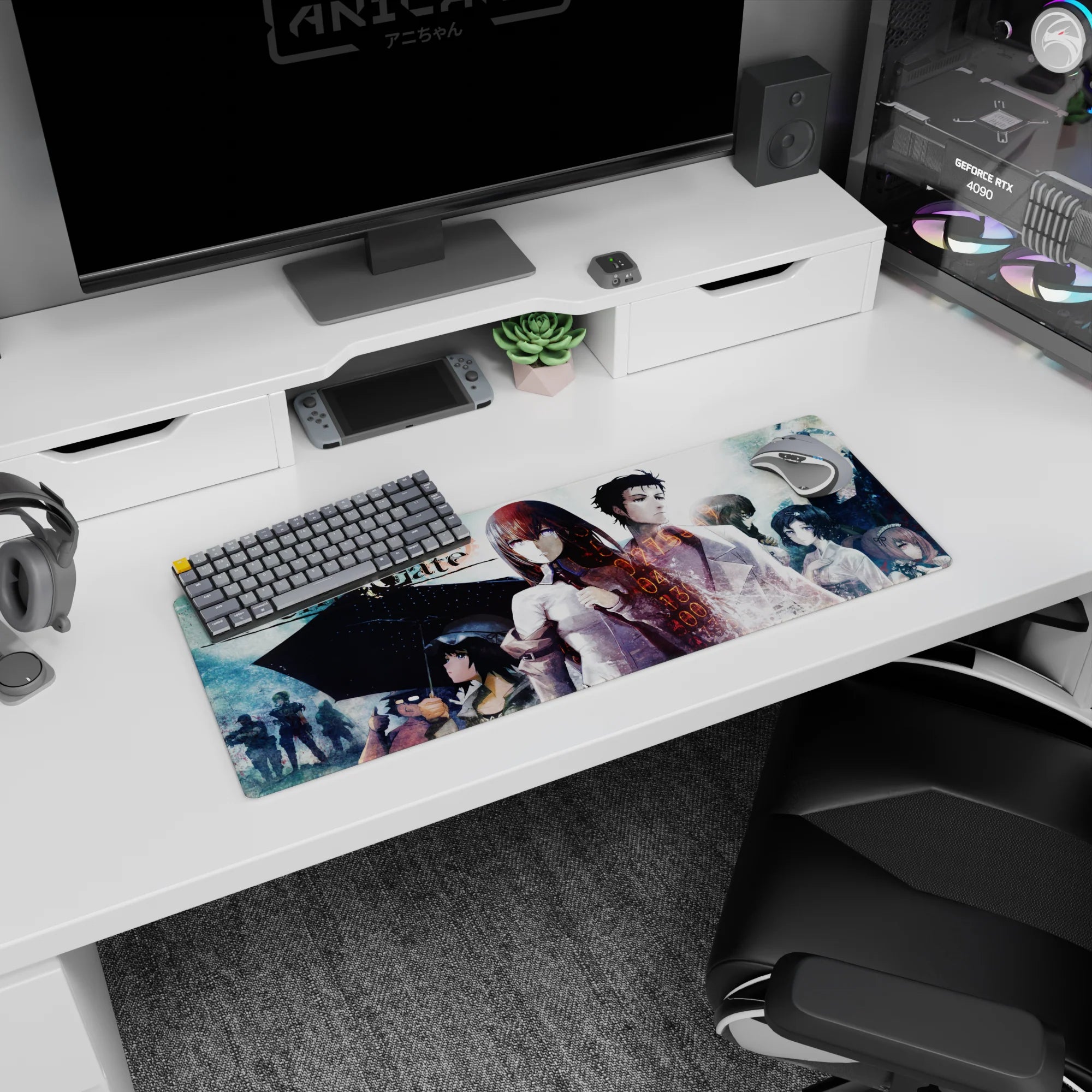 Kurisu Makise and Okabe Rintarou under rain with umbrellas, anime mouse pad 32x12 inches, calm intense.