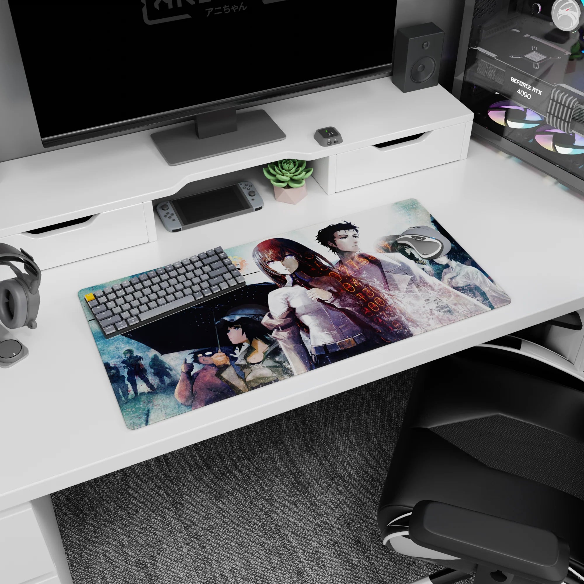 Kurisu Makise and Okabe Rintarou under umbrellas on a 32x16 inches anime mouse pad, calm vs stormy gaze.