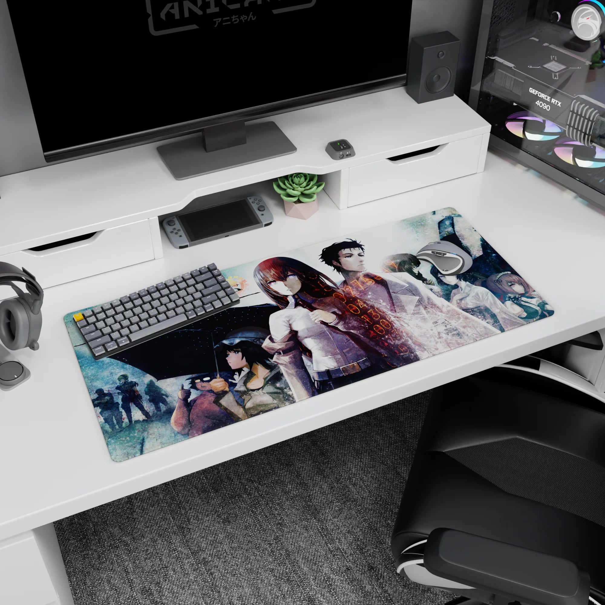 Kurisu Makise and Okabe Rintarou under rainy glow on anime desk pad 36x16 inches, calm intense stare.