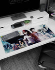 Kurisu Makise and Okabe Rintarou under rainy glow on anime desk pad 36x16 inches, calm intense stare.