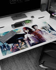 Kurisu Makise and Okabe Rintarou anime desk pad 40x20 inches, white shirt red tie, lab scene.