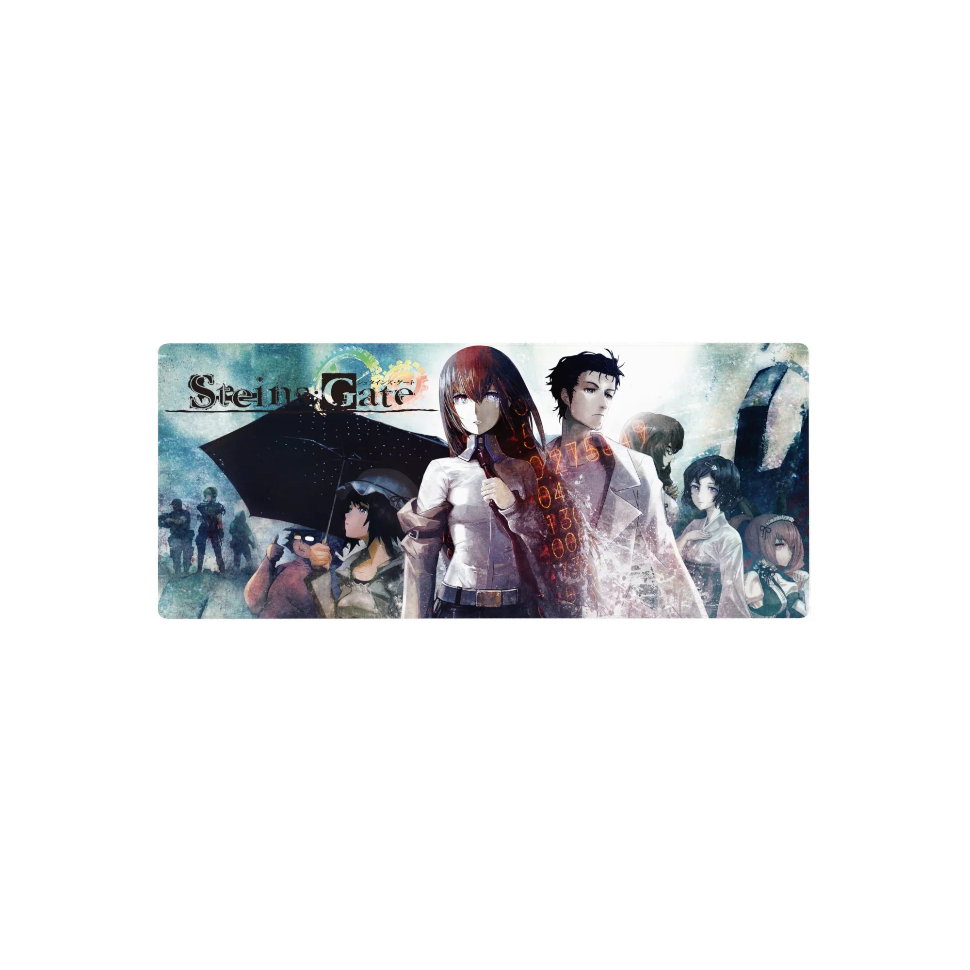 Steins;Gate anime mouse pad 28x12 inches with Kurisu and Okabe, rain haze, glowing numbers.