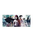 Steins;Gate anime mouse pad 28x12 inches with Kurisu and Okabe, rain haze, glowing numbers.