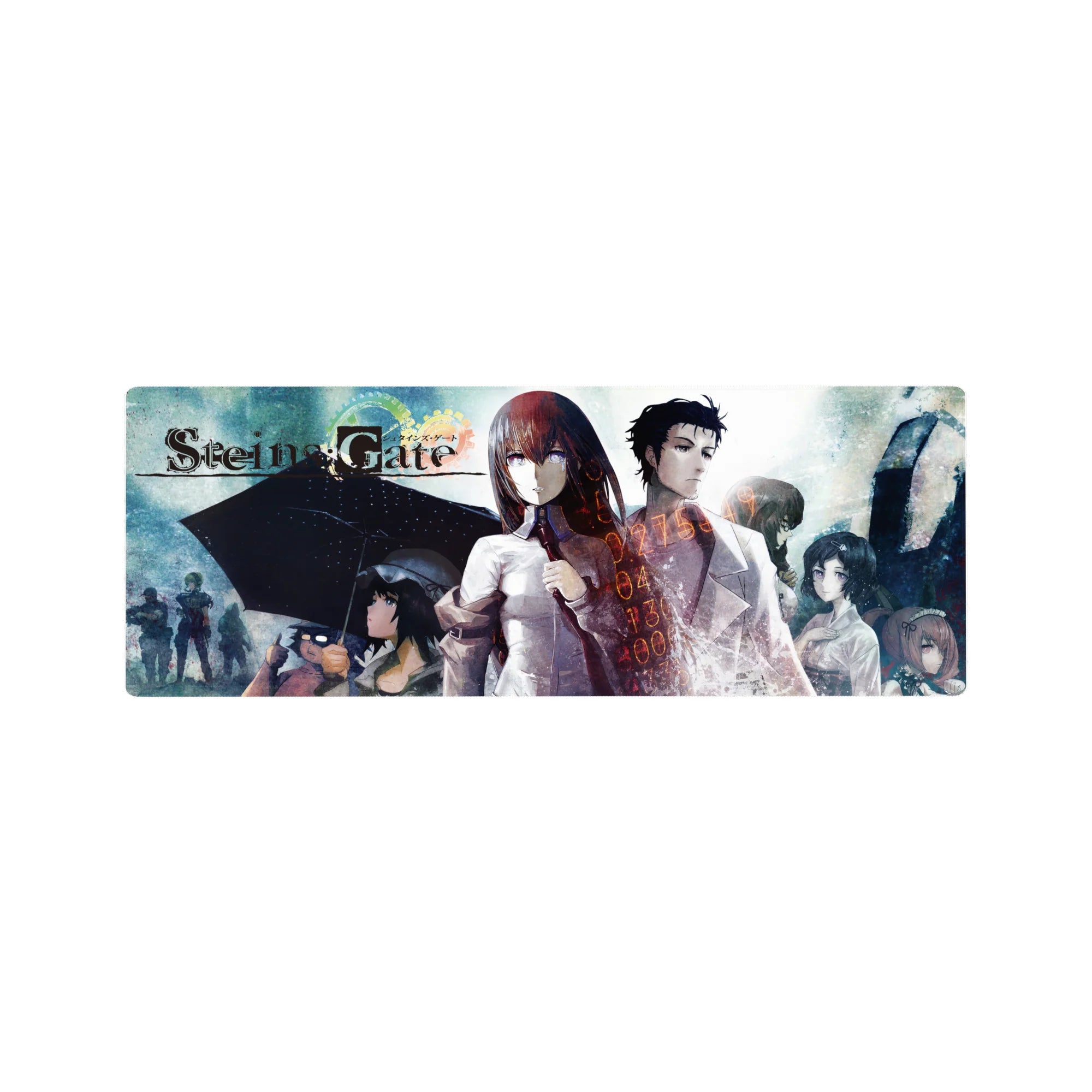 Steins;Gate anime mouse pad 32x12 inches with Kurisu and Okabe, lab coat, rain haze, glowing numbers.