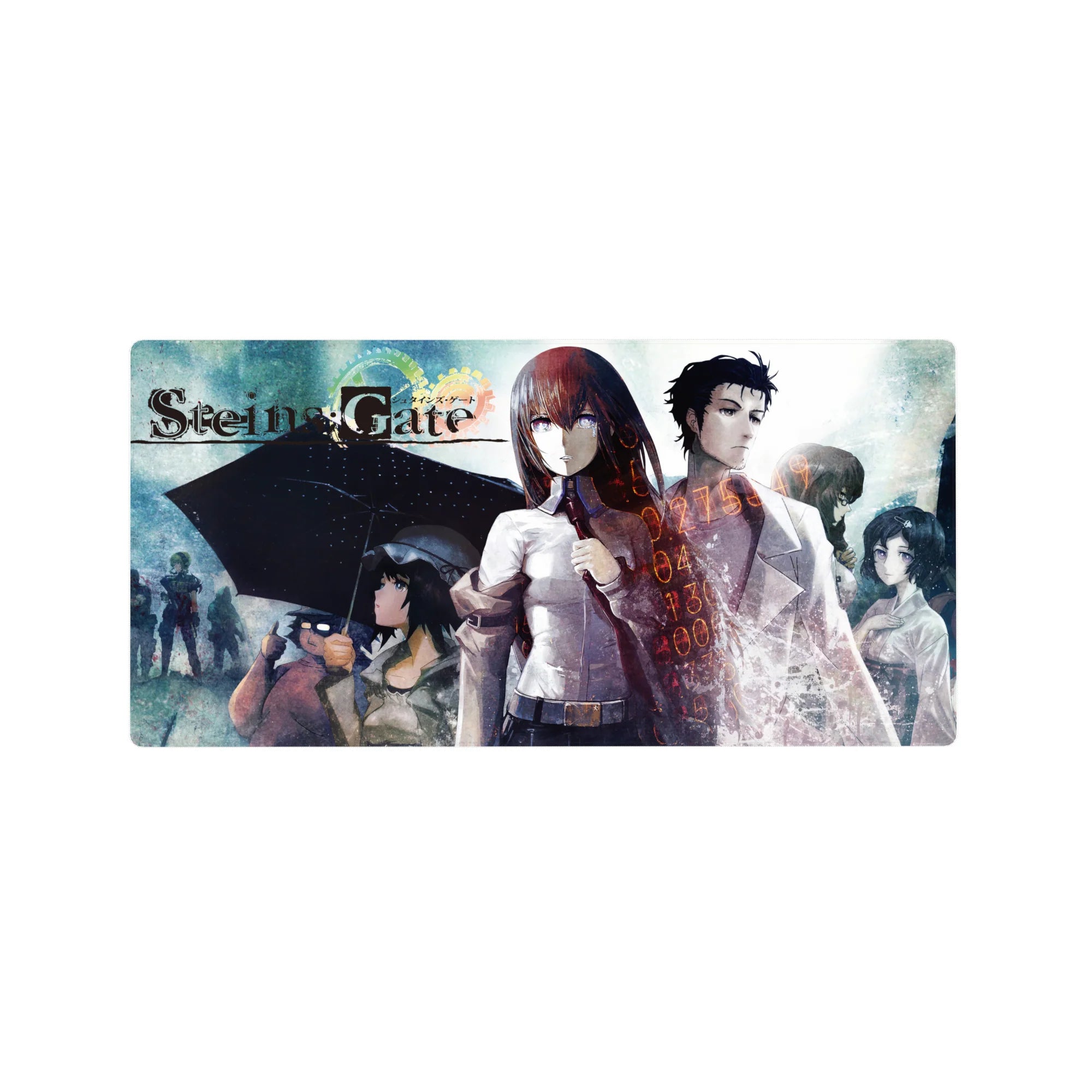 Steins;Gate anime mouse pad 32x16 inches with Kurisu and Okabe, lab coat, rain, and glowing numbers.