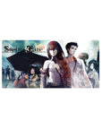 Steins;Gate anime mouse pad 32x16 inches with Kurisu and Okabe, lab coat, rain, and glowing numbers.