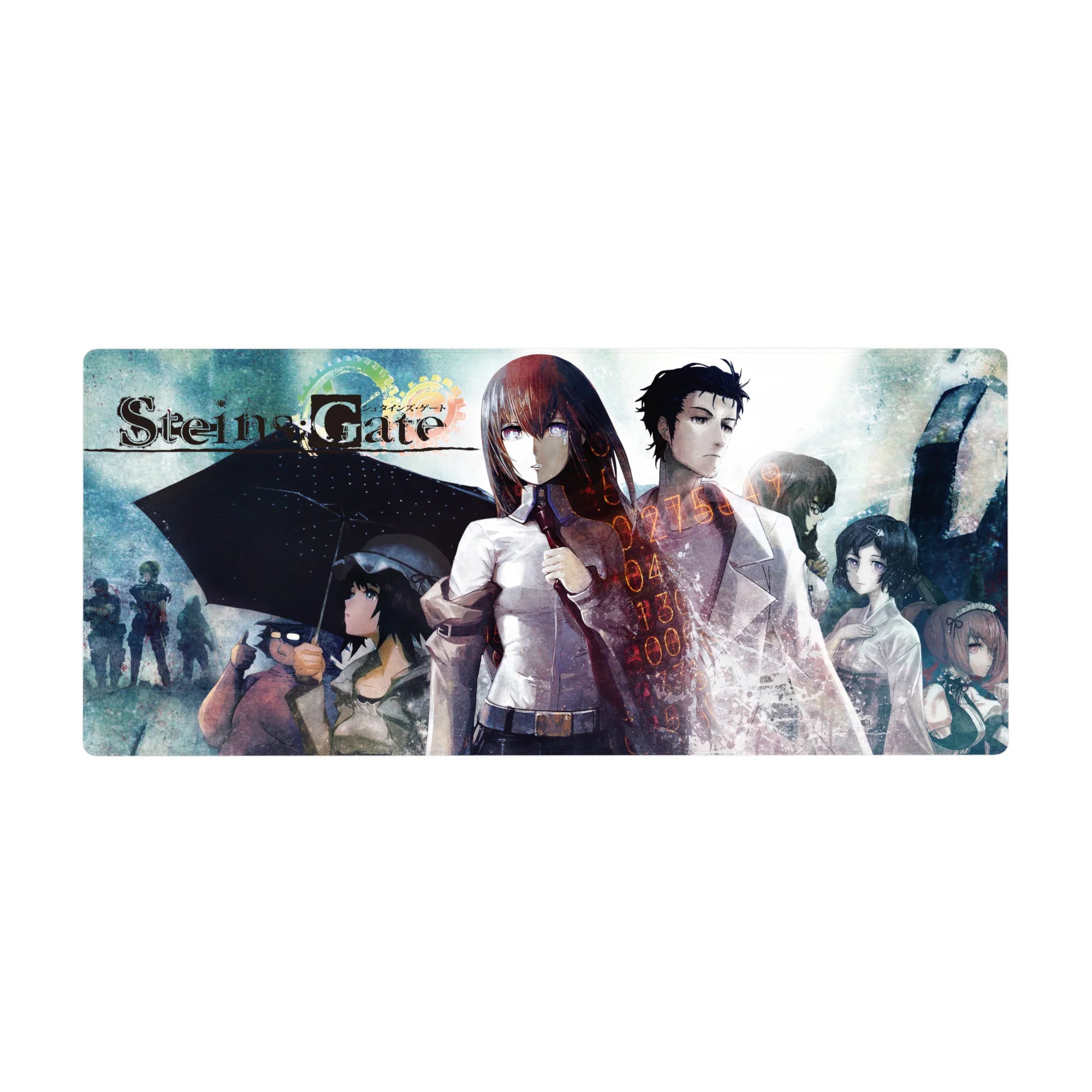 Steins;Gate anime desk pad 36x16 inches with Kurisu and Okabe, lab coat, rain haze, glowing numbers.
