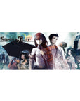Steins;Gate anime desk pad 36x16 inches with Kurisu and Okabe, lab coat, rain haze, glowing numbers.