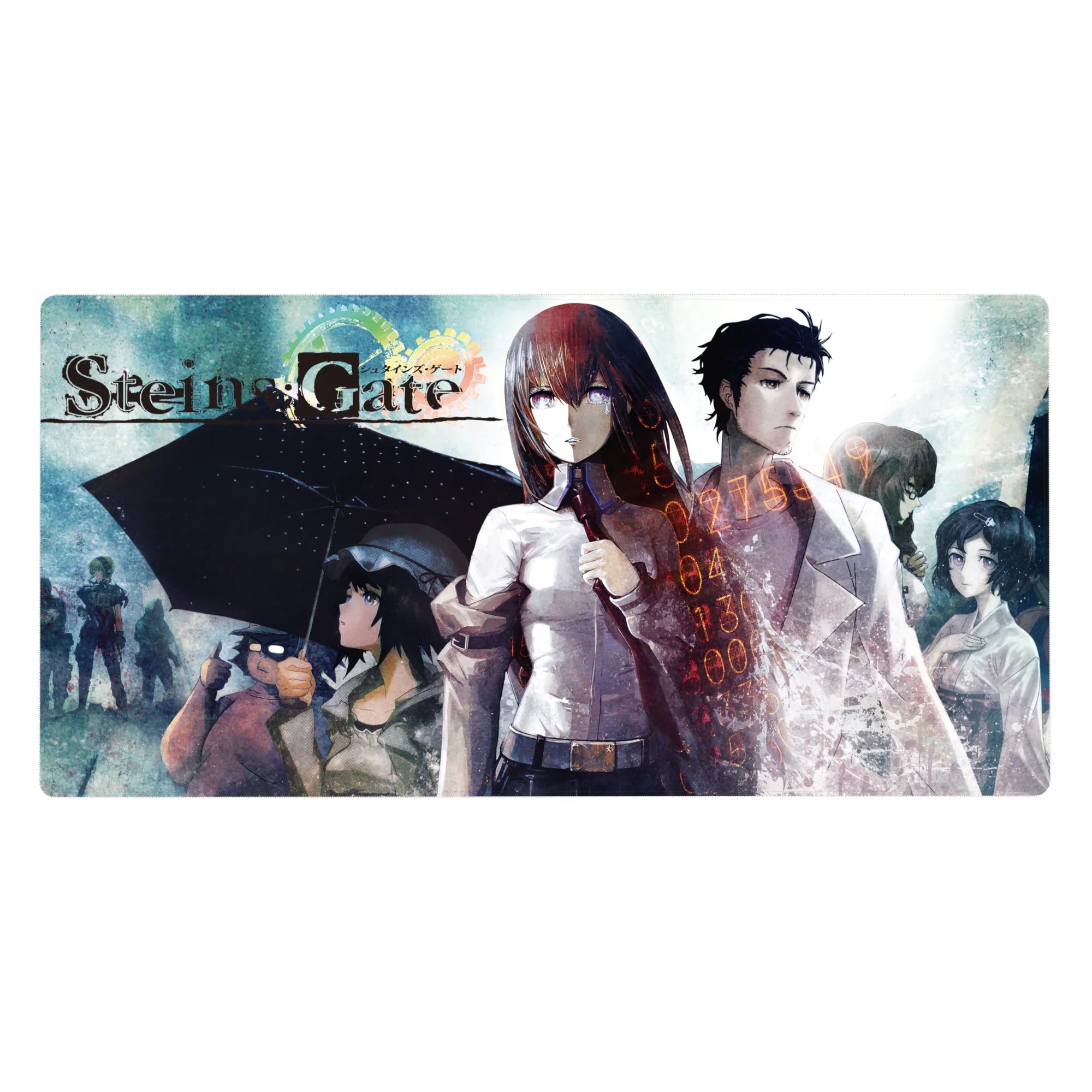 Steins;Gate anime desk pad 40x20 inches with Kurisu and Okabe, lab coat, rain haze, glowing numbers.