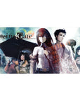 Steins;Gate anime desk pad 40x20 inches with Kurisu and Okabe, lab coat, rain haze, glowing numbers.