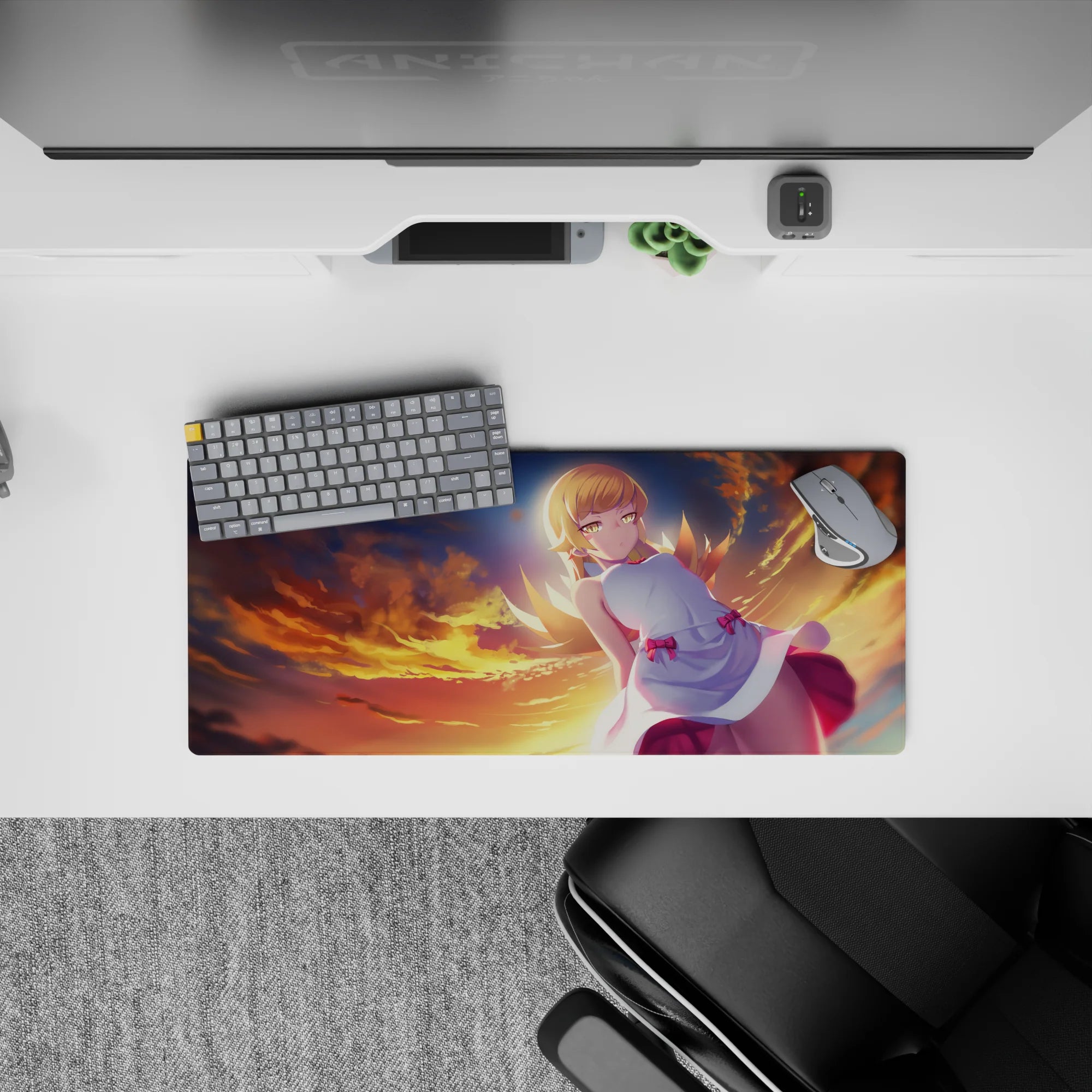 28x12 inches anime mouse pad in warm orange sunset gradients with glowing rim light and cozy dreamy sky.