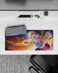 28x12 inches anime mouse pad in warm orange sunset gradients with glowing rim light and cozy dreamy sky.