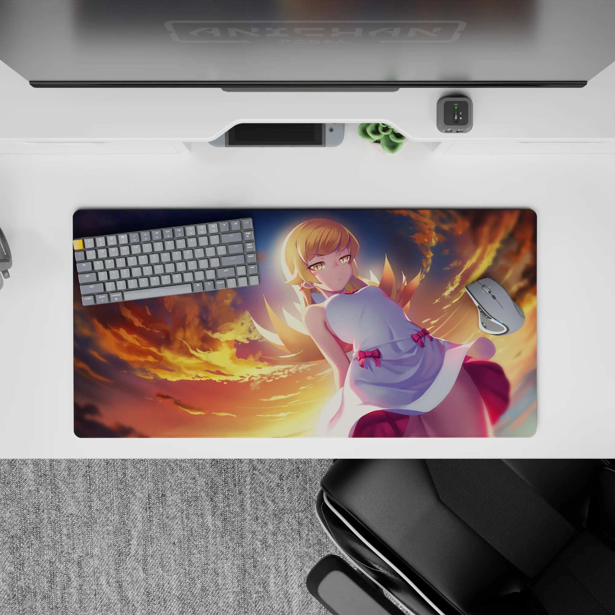 Warm sunset orange anime mouse pad 32x16 inches with glowing rim light and cozy dreamy sky gradients.