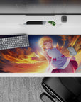 Sunset-themed anime girl desk pad 36x16 inches in warm orange gradients with glowing rim light.