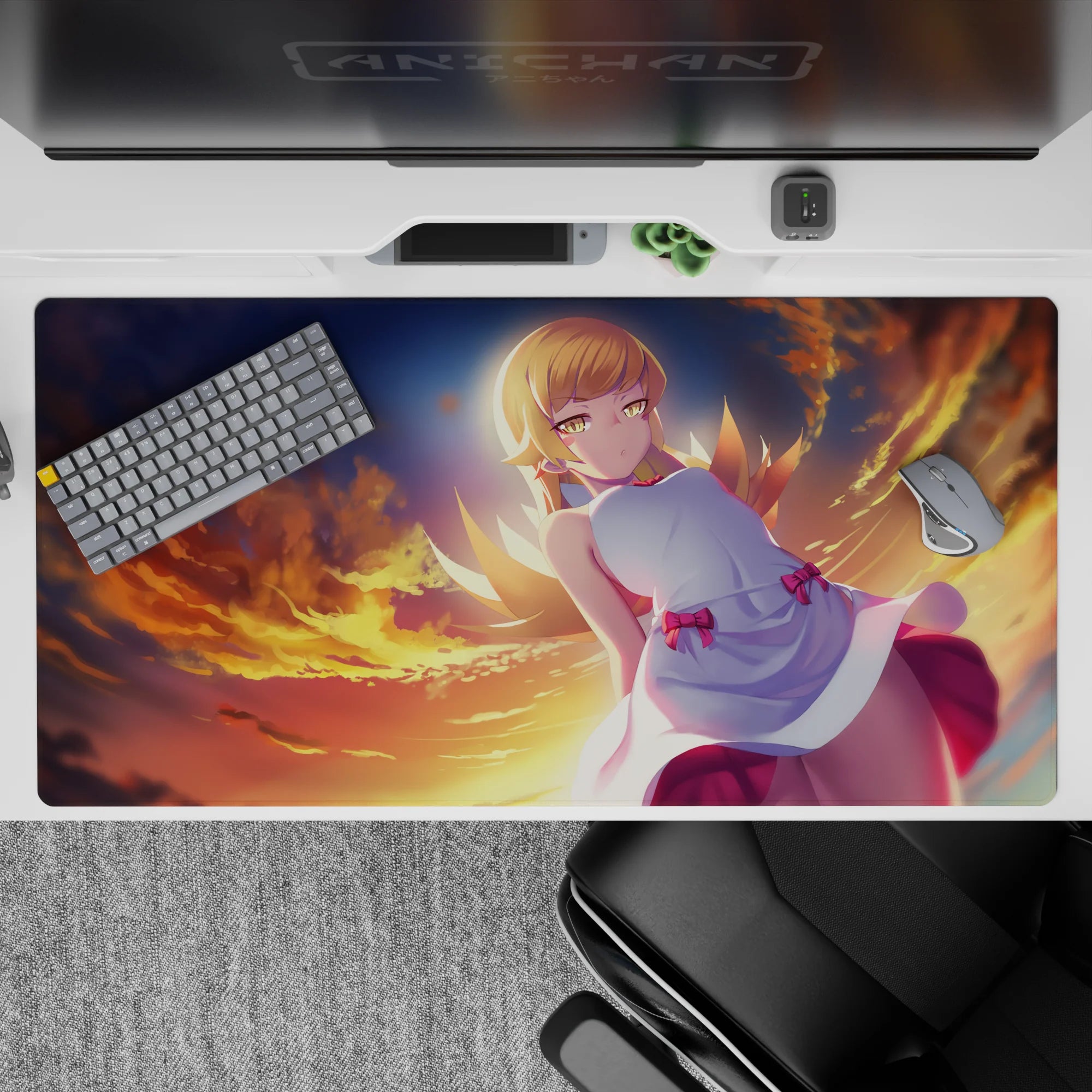 40x20 inches anime desk pad in warm orange sunset gradients with glowing rim light, cozy dreamy vibe.