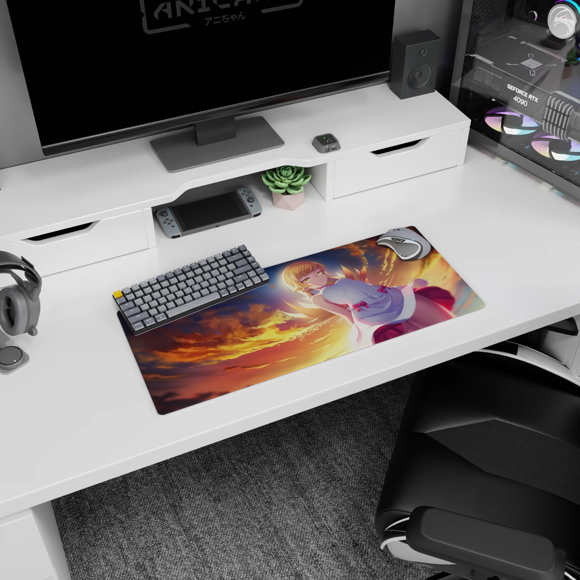 28x12 inches mouse pad featuring golden-eyed blonde anime girl with pink bows drifting over fiery clouds.