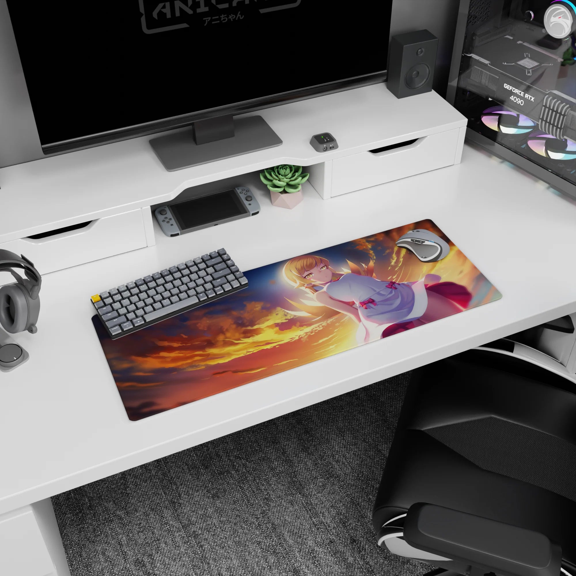 32x12 inches anime mouse pad featuring golden-eyed blonde drifting over fiery clouds in a daydream sky.