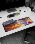 32x12 inches anime mouse pad featuring golden-eyed blonde drifting over fiery clouds in a daydream sky.