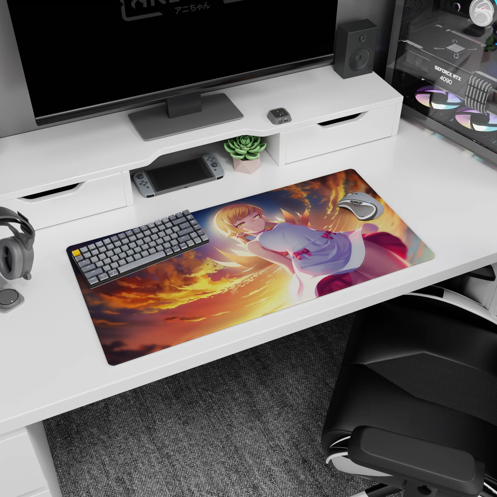 Golden-eyed blonde anime girl drifting over fiery clouds mouse pad 32x16 inches, white dress with bows.