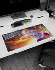 Golden-eyed blonde anime girl drifting over fiery clouds mouse pad 32x16 inches, white dress with bows.