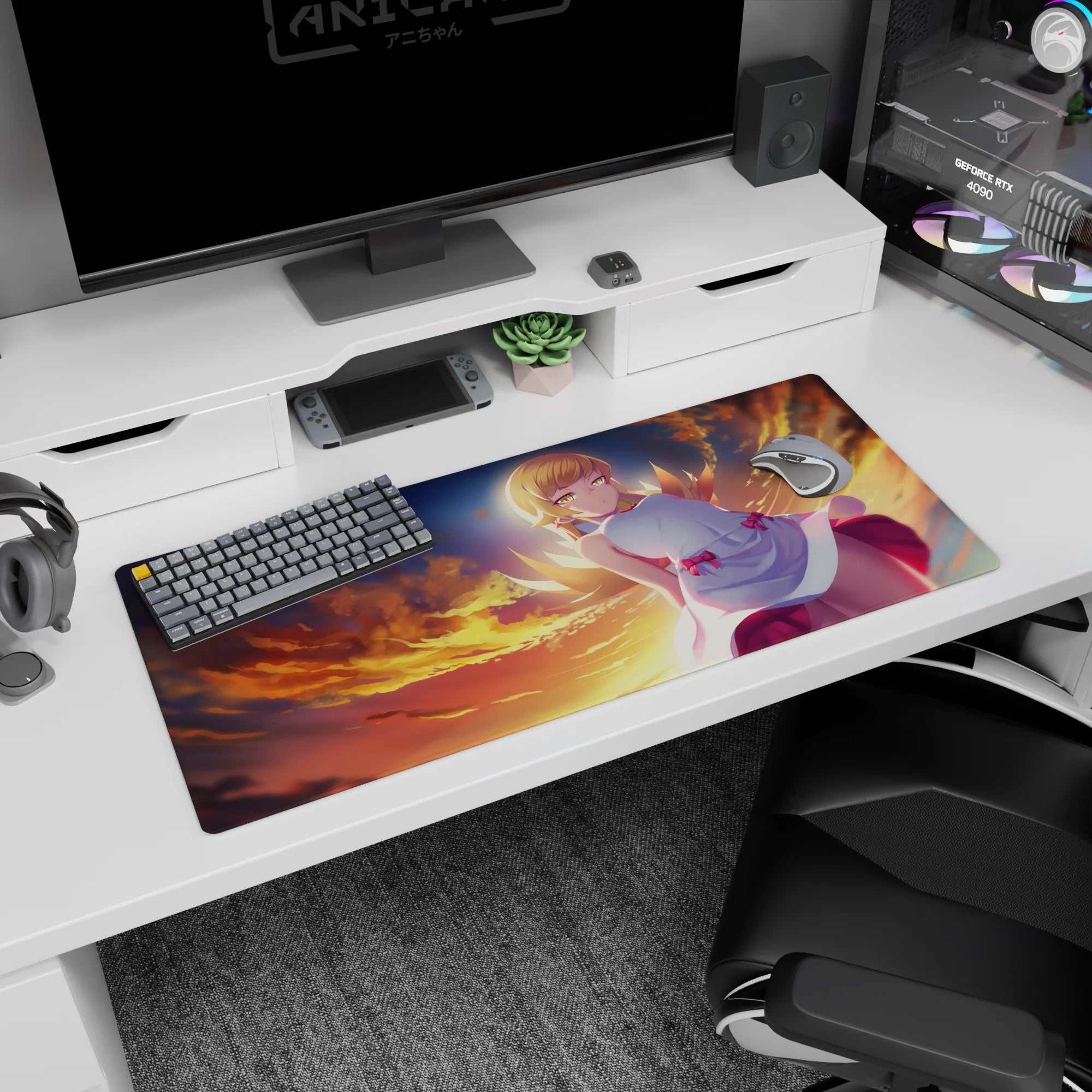 Golden-eyed blonde anime girl drifting through fiery clouds desk pad 36x16 inches, cozy flirty sky.